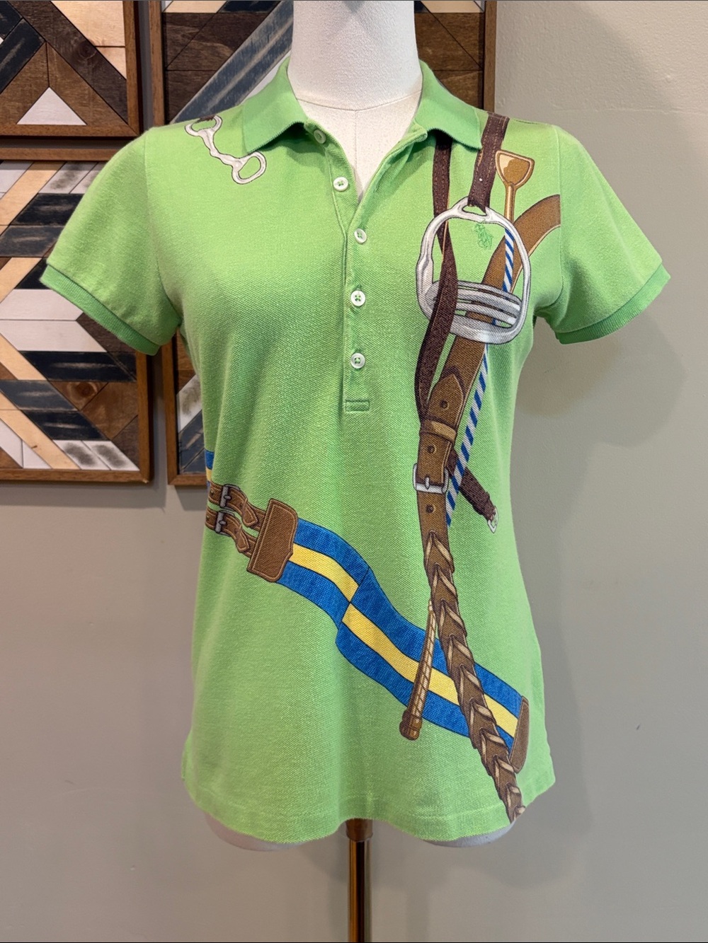 Vintage Ralph Lauren Blue Label Y2K Equestrian Print Skinny Polo Top size Medium
